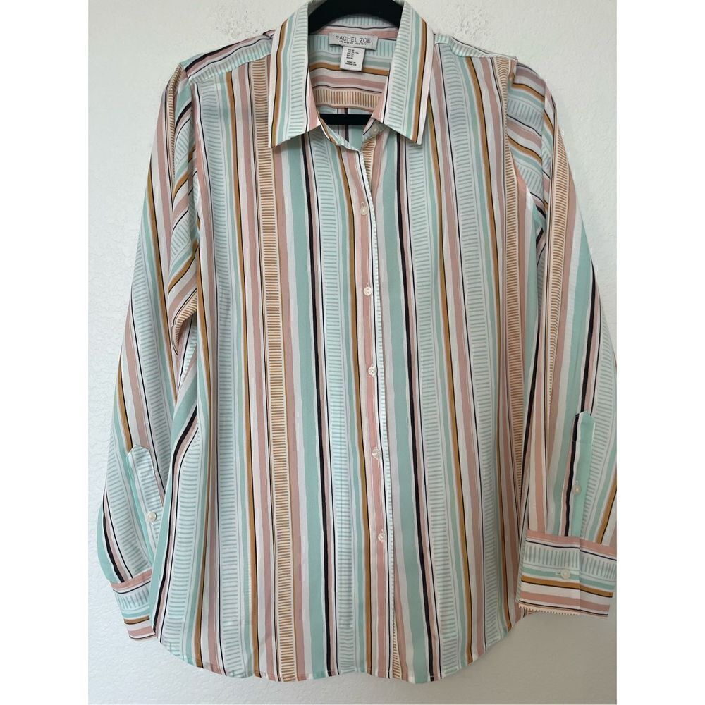 Rachel Zoe Revolve Mint Green/Tan/Pink Stripe H Button Down Blouse